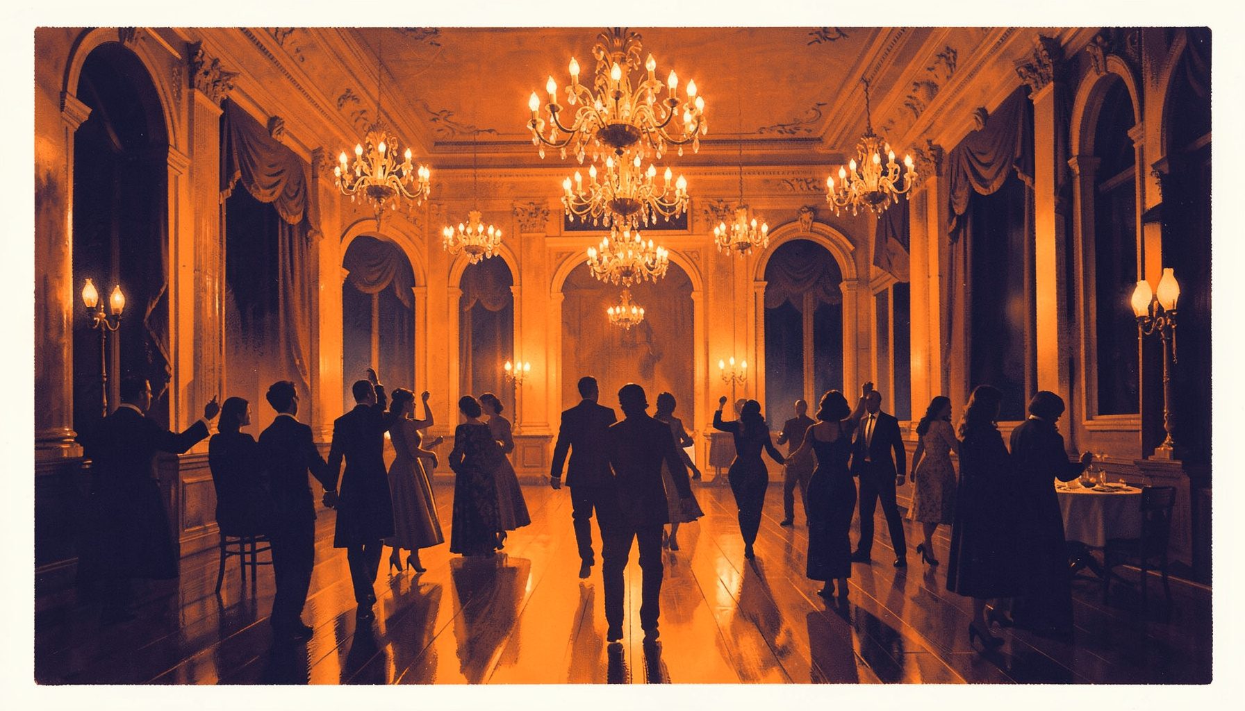 Matte gouache poster painting of an elegant evening ballroom in warm amber and deep navy tones, softly lit chandeliers, suggested silhouettes of dancers along a polished floor.